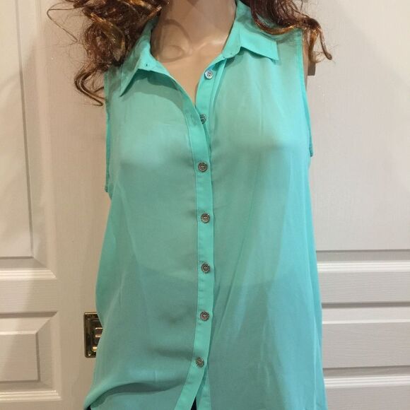 Guess Tops - Guess Sheer Lime Green Sleeveless Button Up High L